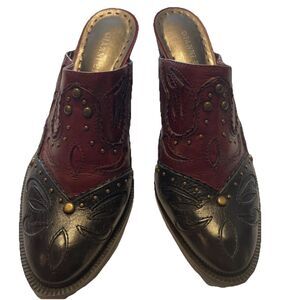 Gianni Bini Mules Womens 7 Brown Inlaid Leather Western Boho Studded Shoes Heels